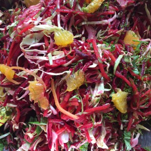 Beetroot, oranges, hispi cabbage, herbs, radicchio